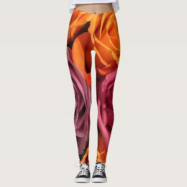 Rust Naranja Purple Rosa Floral Leggings (Anverso)