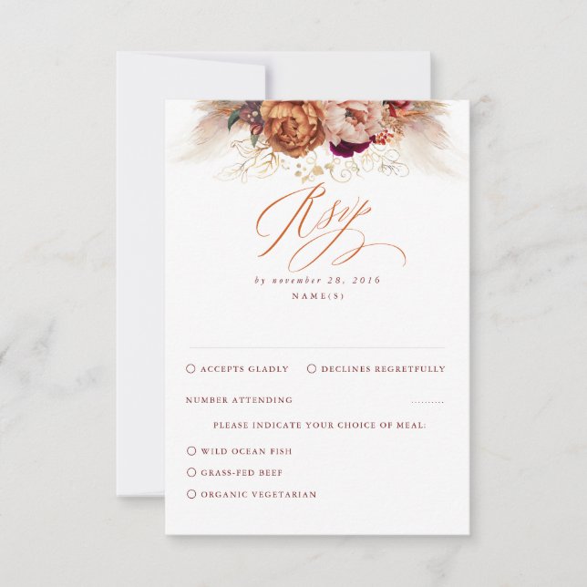 Rust Terracotta Floral Pampas Boda de Grass RSVP (Anverso)