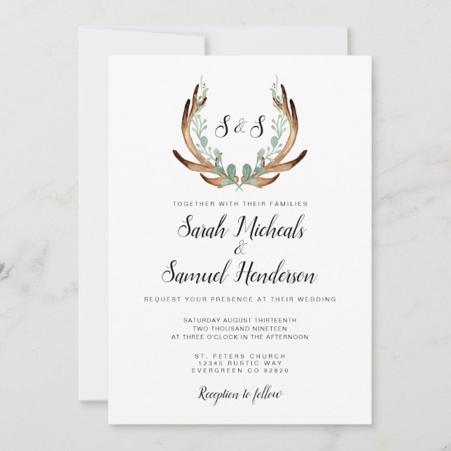 Rustic Antler | Invitación a la boda acuarela (Anverso)