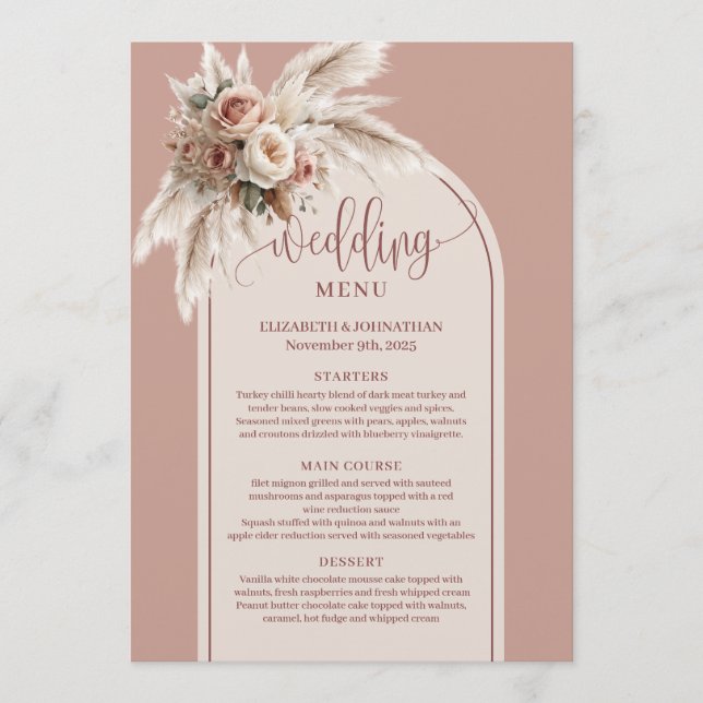 Rustic Arch Pastel Pink Pampas Floral Wedding Menu (Anverso)