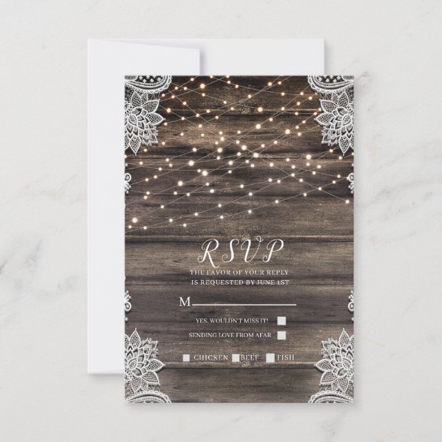 Rustic Ash Brown Wood Lace Luces Wedding RSVP (Anverso)