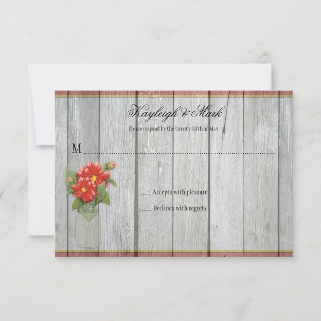 Rustic Barn Wood Mason Jar Red Dahlias RSVP s (Anverso)