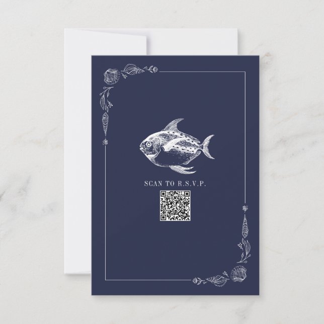 Rustic Beach Wedding Dark Blue Fish RSVP (Anverso)