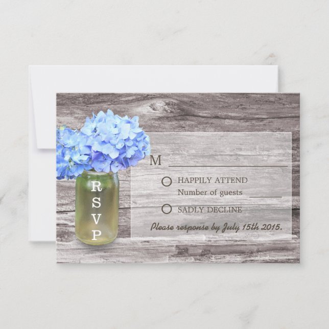 Rustic Blue Hydrangea Mason Jar Wedding RSVP (Anverso)