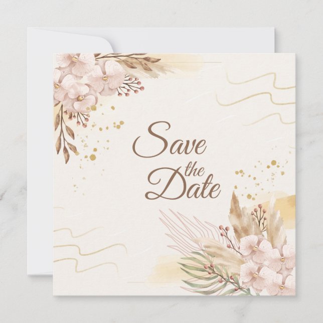 Rustic Blush & Gold Floral Boho Save the Date (Anverso)