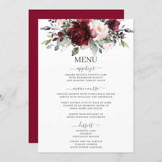 Rustic Blush Pink Burgundy Floral Wedding 5x7 Menu (Anverso / Reverso)