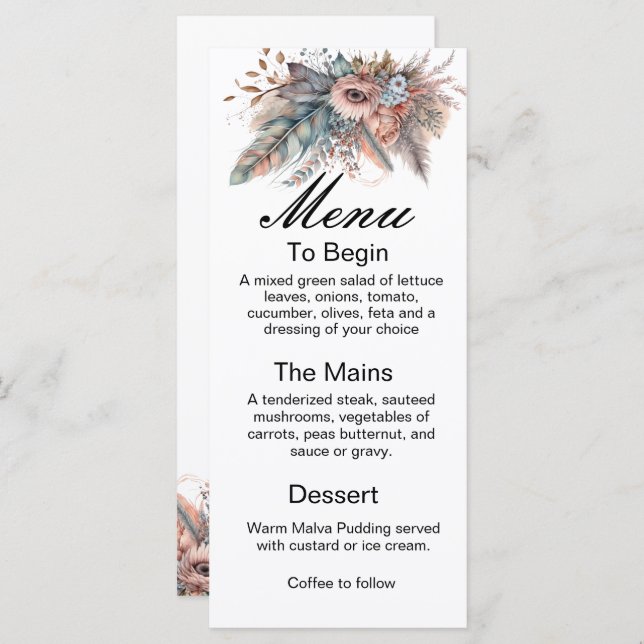 Rustic Boho Silver & Pink Floral Wedding Menu (Anverso / Reverso)
