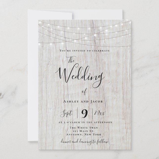 Rustic Boho Wood String ilumina invitaciones de ma (Anverso)