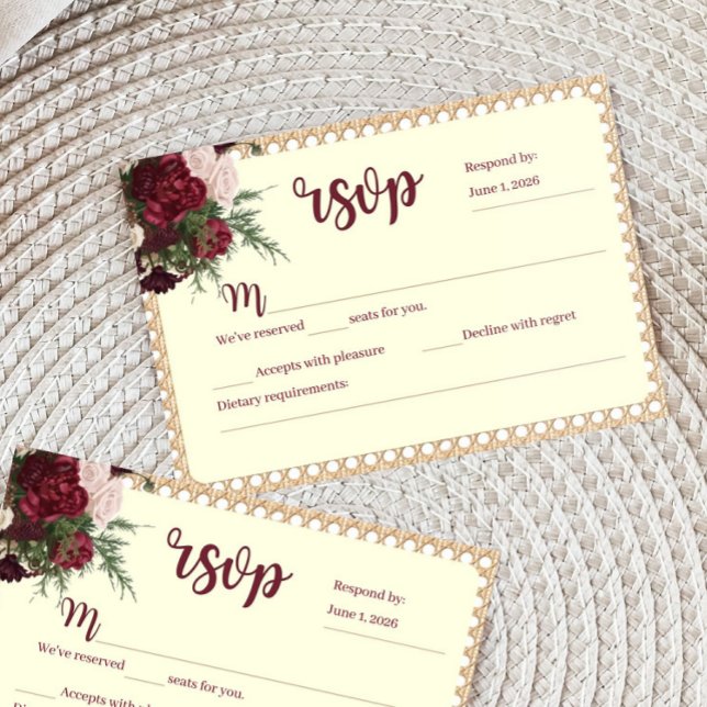 Rustic Burgundy Floral Wedding RSVP Response Card (Burgundy and Ivory RSVP card)