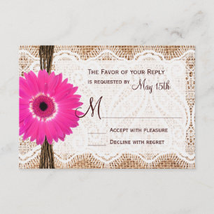 Rustic Burlap Lace Hot Pink Daisy Wedding RSVP