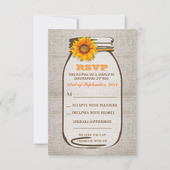 Rustic Burlap Mason Jar Boda Sunflower RSVP (Anverso)