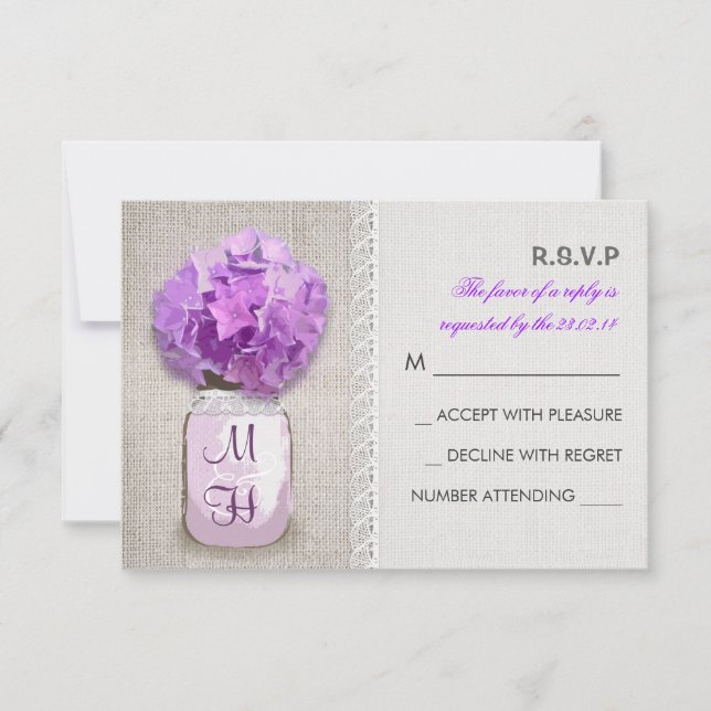 Rustic Burlap Mason Jar Pink Hydrangea RSVP (Anverso)