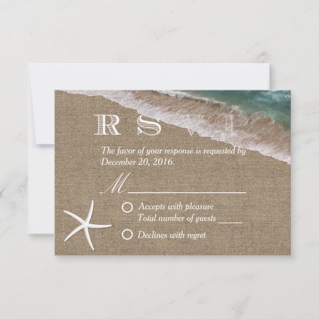 Rustic Burlap Starfish Beach Wedding RSVP (Anverso)