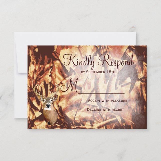 Rustic Camo Hunting Deer Antlers Wedding RSVP (Anverso)