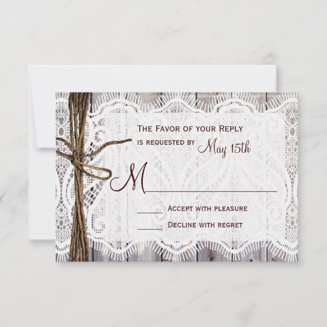 Rustic Country Lace Twine Wood Wedding RSVP (Anverso)