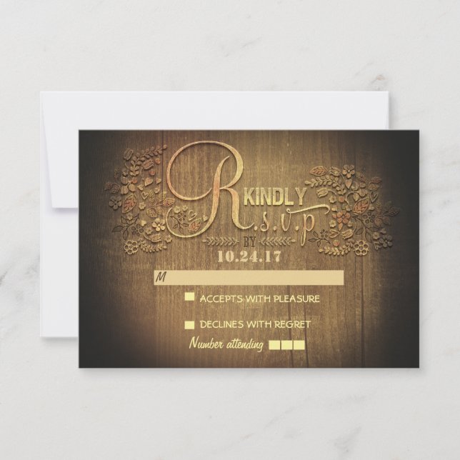 RUSTIC COUNTRY tarjetas RSVP de boda de madera flo (Anverso)
