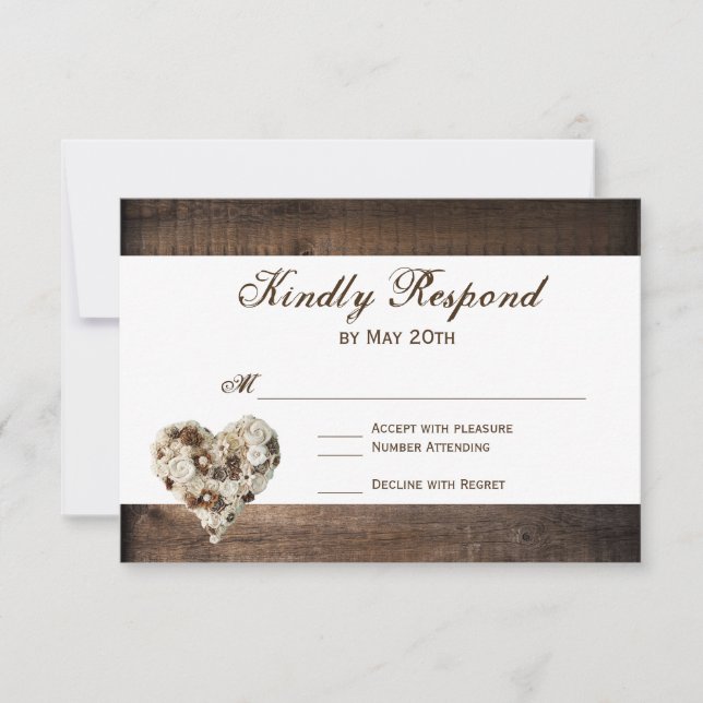 Rustic Country Wood Flower Heart Wedding RSVP (Anverso)