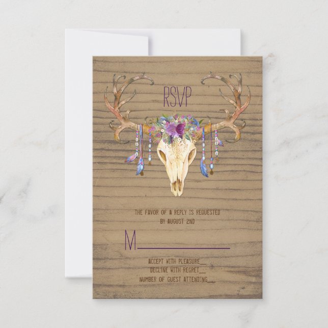 Rustic Deer Antler Skull Wedding Southwestern RSVP (Anverso)