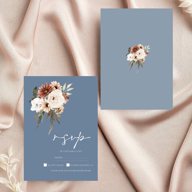Rustic Dusty Blue Peach Floral Wedding RSVP (Elegant Dusty Blue Peach Floral Wedding RSVP)