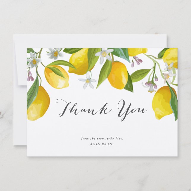Rustic Elegant Lemon Bridal Shower Gracias Cartas (Anverso)
