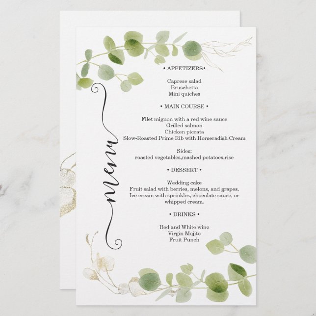 Rustic Eucalyptus Greenery Gold Chic Wedding Menu (Anverso / Reverso)