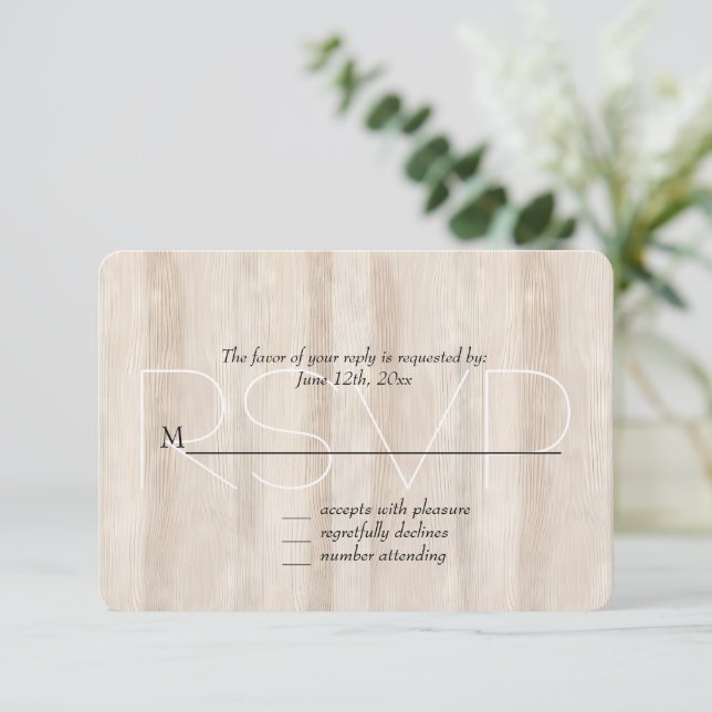 Rustic Faux Cream White Wood Wedding RSVP (Anverso de pie)