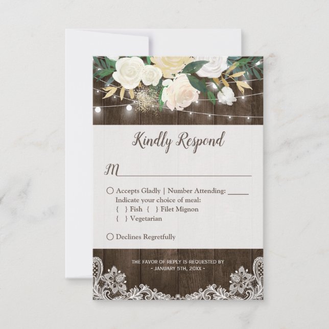 Rustic Floral String Lights Lace Wedding RSVP (Anverso)