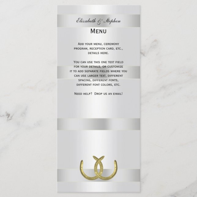 Rustic Golden Horseshoes Plata Tarjeta de menú Wha (Anverso)