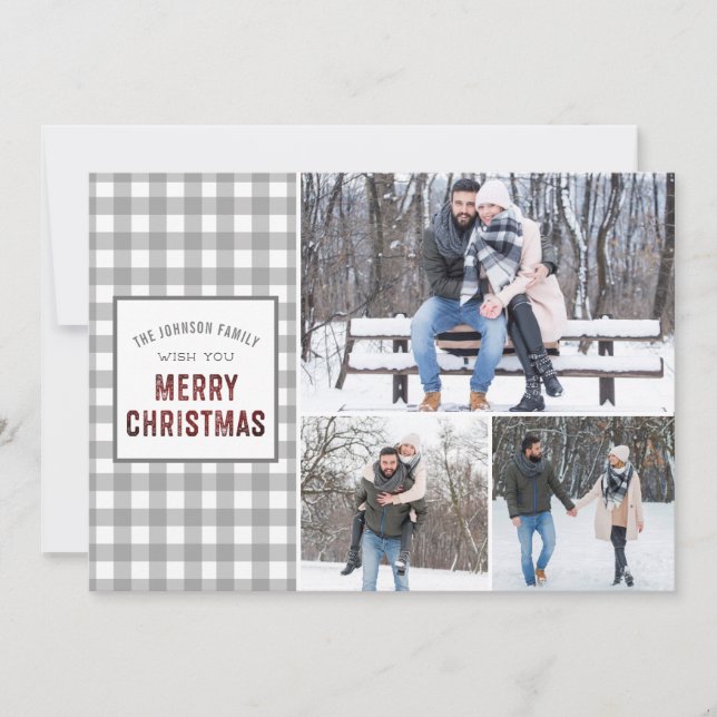 Rustic Gray Gingham Feliz Navidad (Anverso)