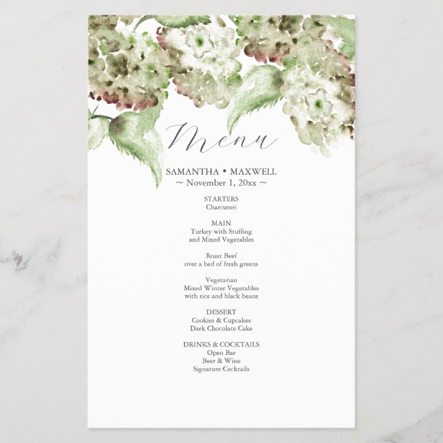 Rustic Green Hydrangea Wedding Decor Menus (Frente)