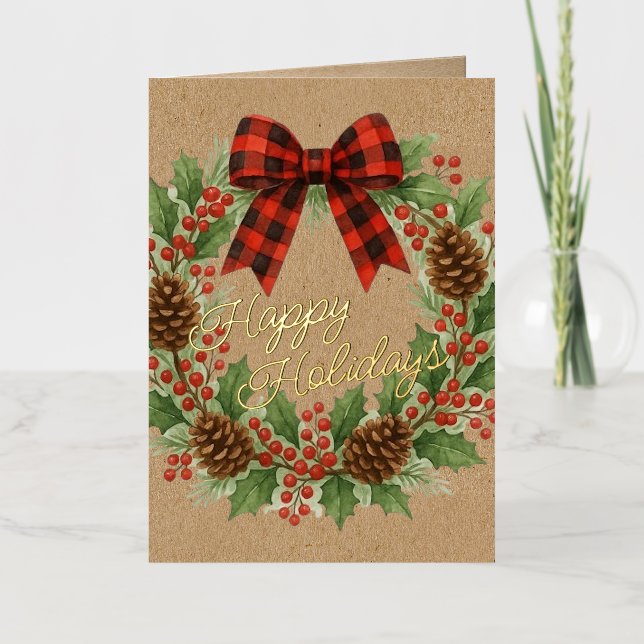 Rustic Holly Wreath Red Black Checkpoint Bow Gold (Anverso)