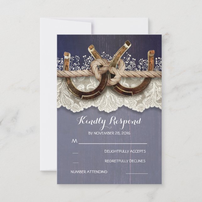Rustic Horseshoes Wood Lace Navy Wedding RSVP (Anverso)