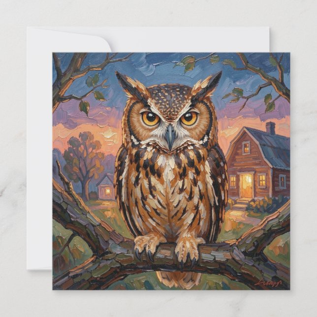 Rustic Impasto Great Horned Owl Blank (Anverso)