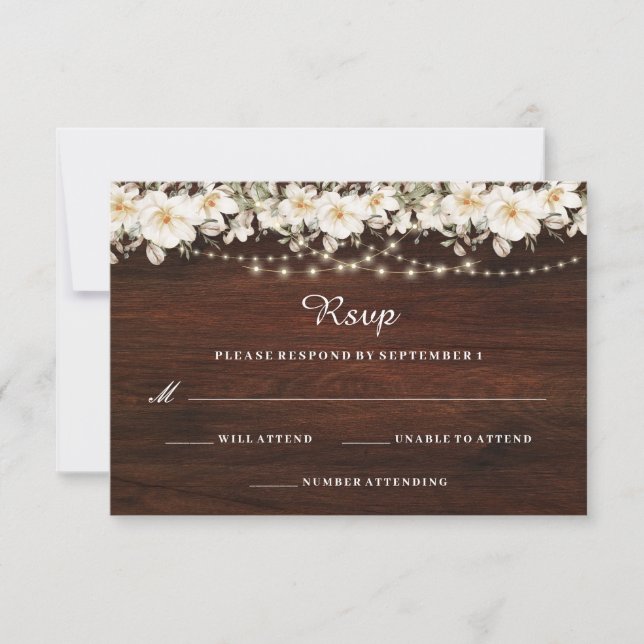 Rustic Leaf String ilumina Wood Wedding RSVP (Anverso)