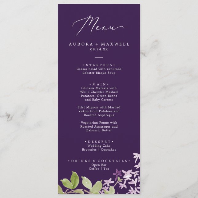 Rustic Lilac | Menú de cena Boda morado (Anverso)