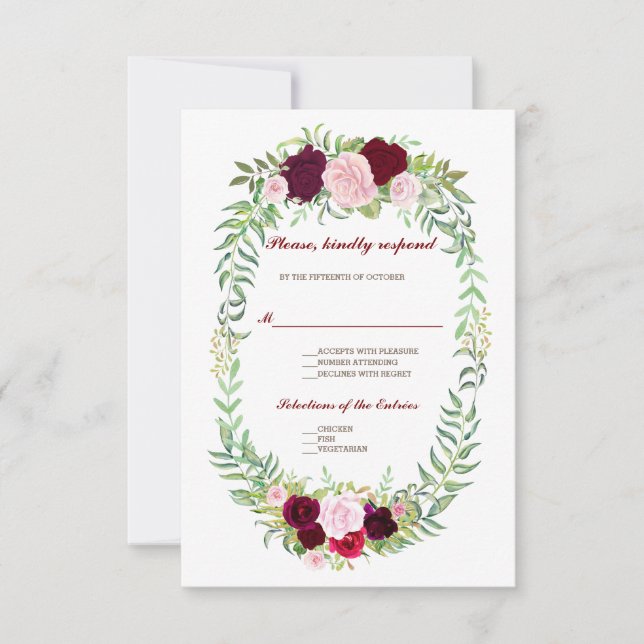 Rustic Marsala Floral Wreath Burgundy Wedding RSVP (Anverso)