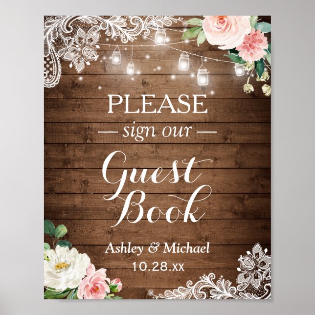 Rustic Mason Jar enciende libro de visitas florale (Frente)