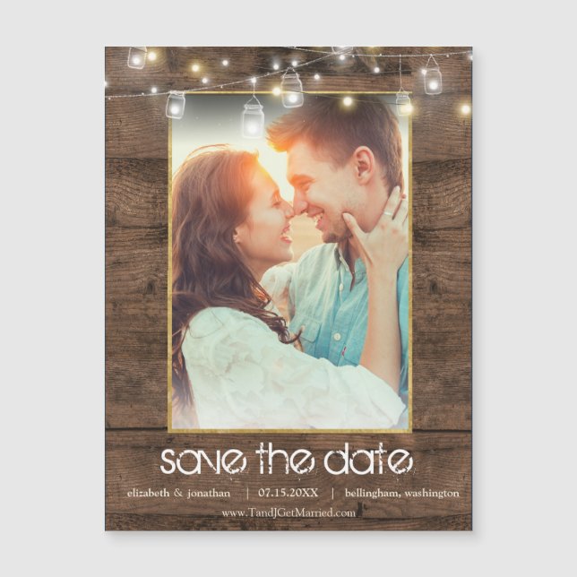 Rustic Mason Jar String Lights Photo Save The Date (Anverso)