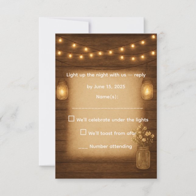 Rustic Mason Jar & String Lights Wedding Tarjeta R (Anverso)