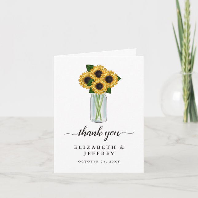 Rustic Mason Jar Sunflowers Tarjeta de agradecimie (Anverso)