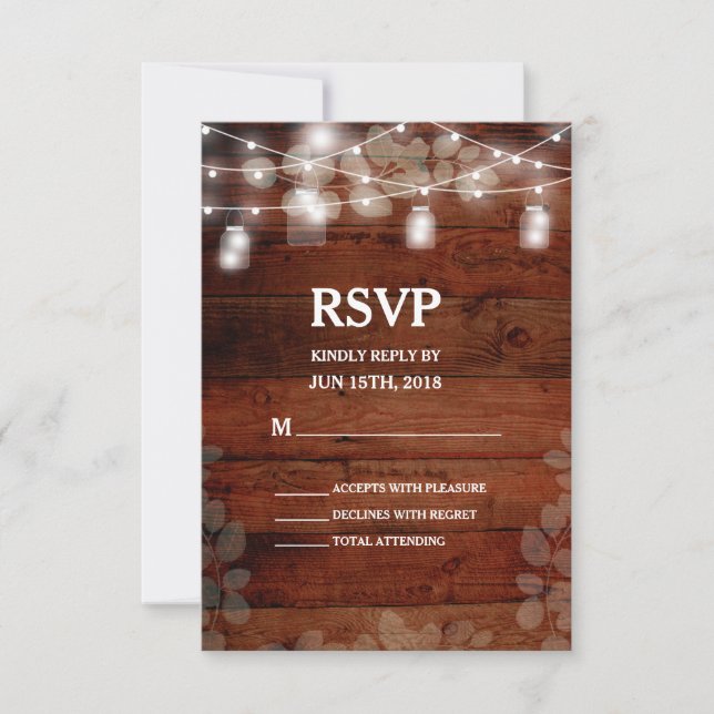 Rustic Mason Jars String Lights Wedding RSVP Card (Anverso)