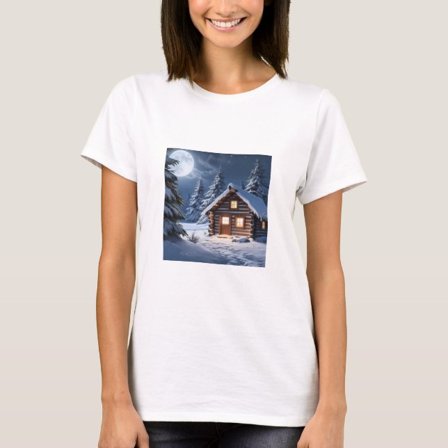 Rustic Moonlight Cosy Winter Cabin Camiseta (Anverso)