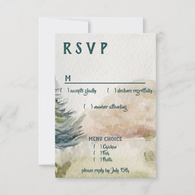 Rustic Mountain Arbor Evergreen Menú Boda RSVP (Anverso)
