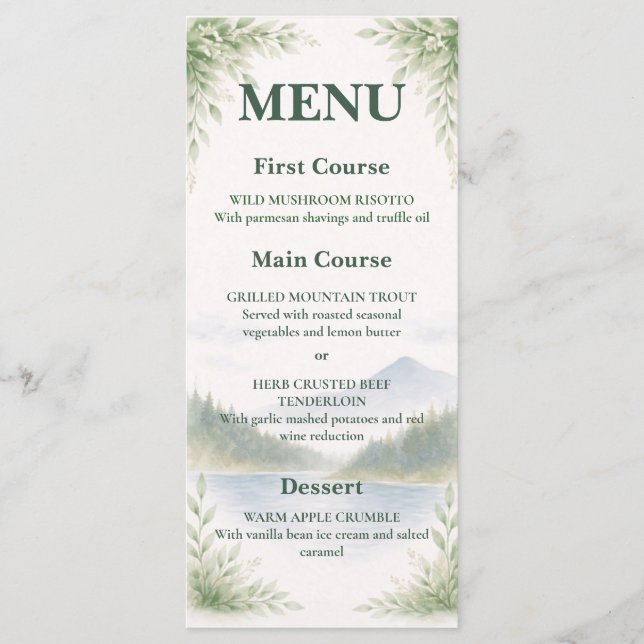 Rustic Mountain Forest Watercolor Wedding Menu (Anverso)