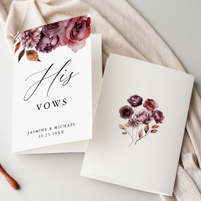 Rustic Otumn Marsala Floral Su Boda Vota Tarjeta (Front and back views of the Rustic Autumn Marsala Floral "his" vow book.)