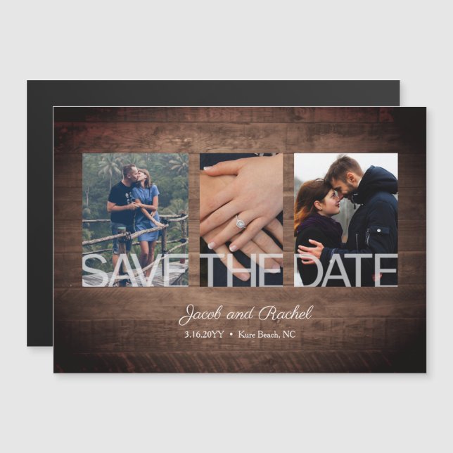 Rustic Save the Date 3-Collage de fotos Magnet (Anverso/Reverso)