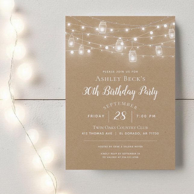 Rustic String Lights Birday Party Invitación (Subido por el creador)