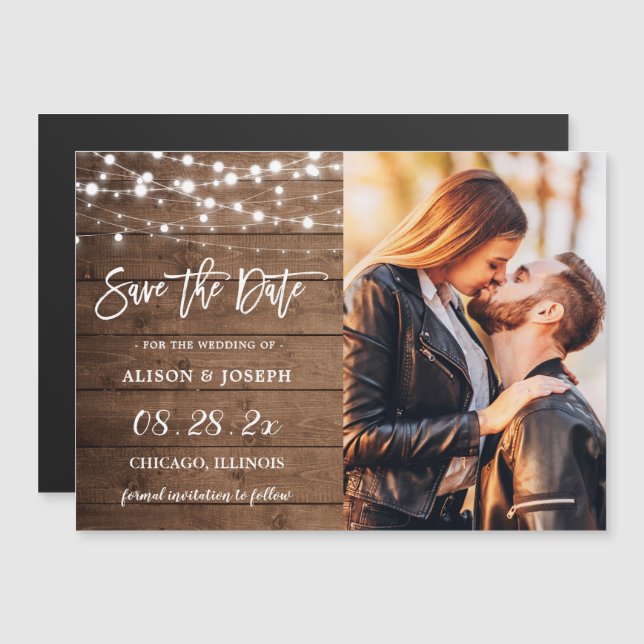 Rustic String Lights Save the Date Magnetic Card (Anverso/Reverso)