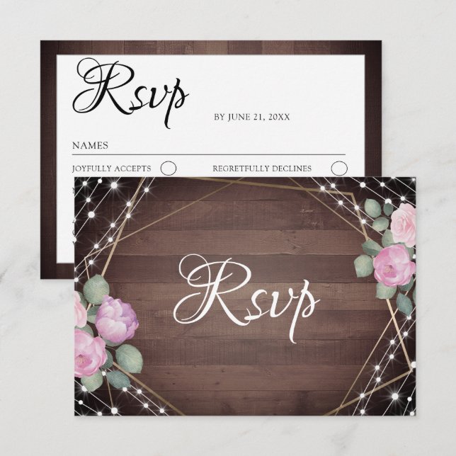 Rustic String Lights Wood & Floral RSVP Wedding  (Anverso / Reverso)