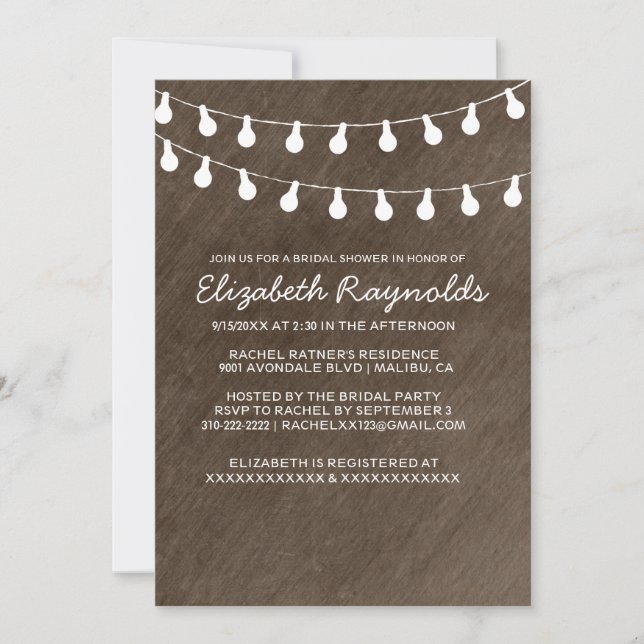 Rustic String of Lights Bridal Shower Invitaciones (Anverso)